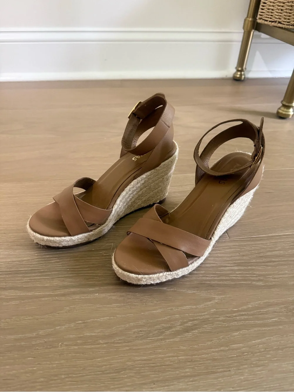Kaanas Tan Leather Espadrille Ankle-Strap Wedge Sandals